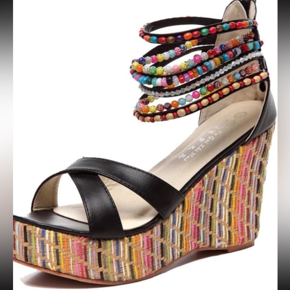 Women's Wedge Sandals With Pearls Across The Top Platform Sandals NIB size 9 - Picture 2 of 12